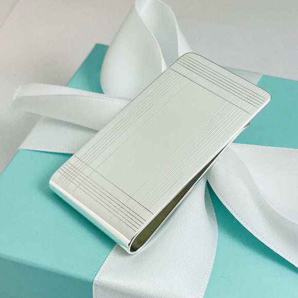 Tiffany & Co Machine Turned Pin Stripe Engravable ID Money Clip in Silver