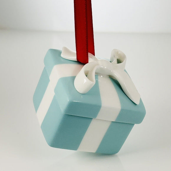 Tiffany Blue Gift Box and Bow Christmas Holiday Ornament Bone China Porcelain