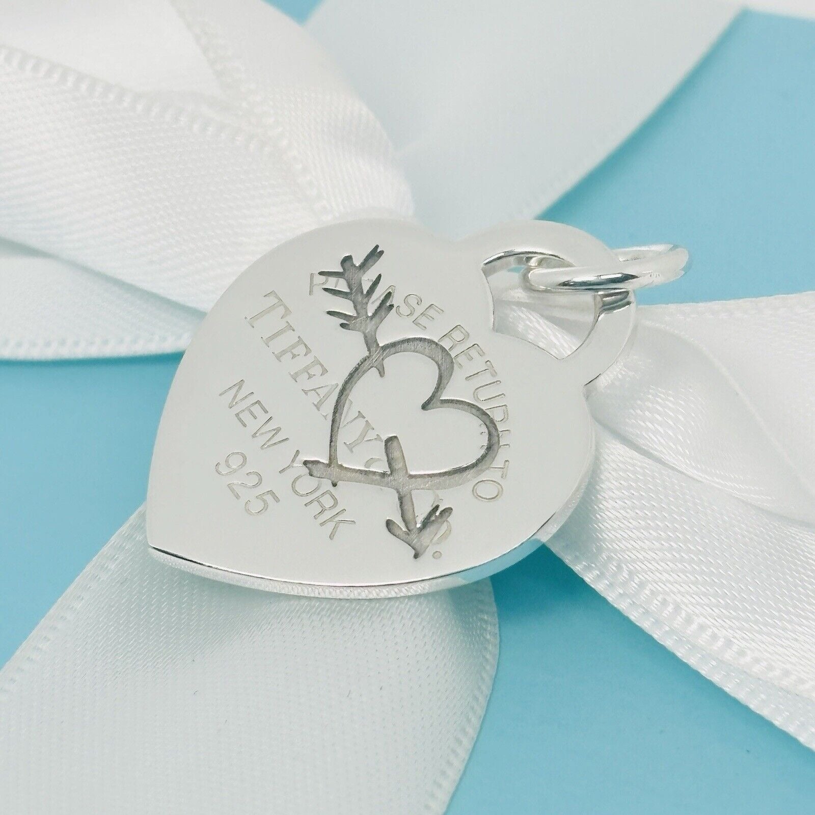 Large Return to Tiffany Etched Love Arrow Heart Tag Pendant Charm