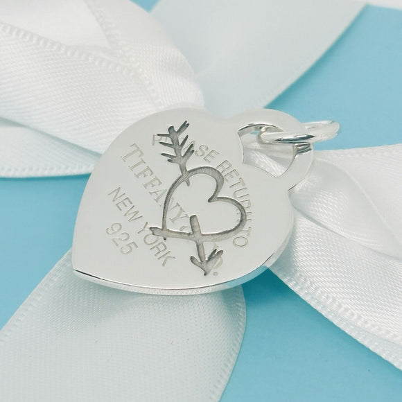 Large Return to Tiffany Etched Love Arrow Heart Tag Pendant Charm Cupid Silver