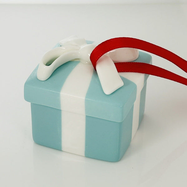 Tiffany Blue Gift Box and Bow Christmas Holiday Ornament Bone China Porcelain - 3