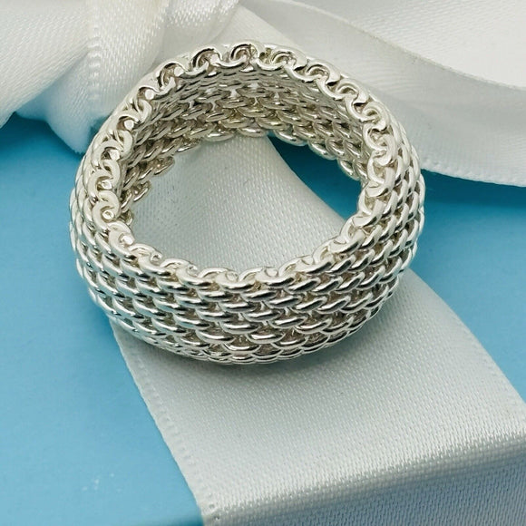 Size 8 Tiffany & Co Mens Unisex Silver Somerset Mesh Weave Flexible Dome Ring
