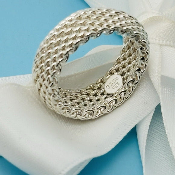 Size 8 Tiffany & Co Mens Unisex Silver Somerset Mesh Weave Flexible Dome Ring