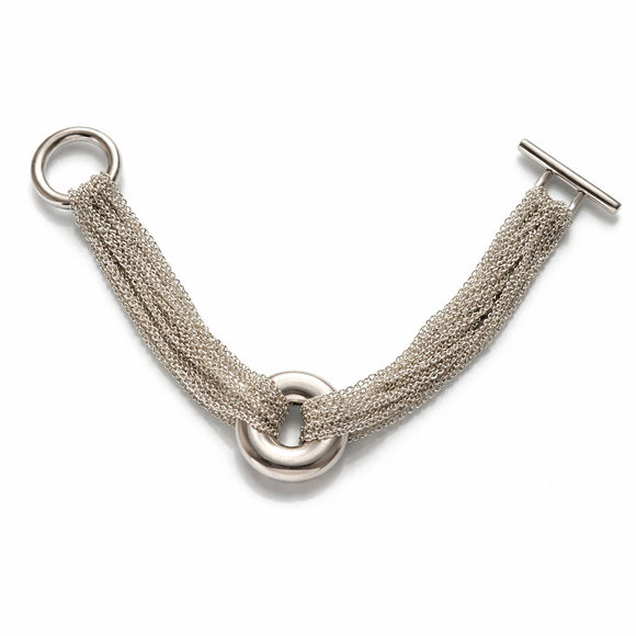Tiffany Multi Strand Mesh Chain Round Circle Toggle Bracelet in Sterling Silver
