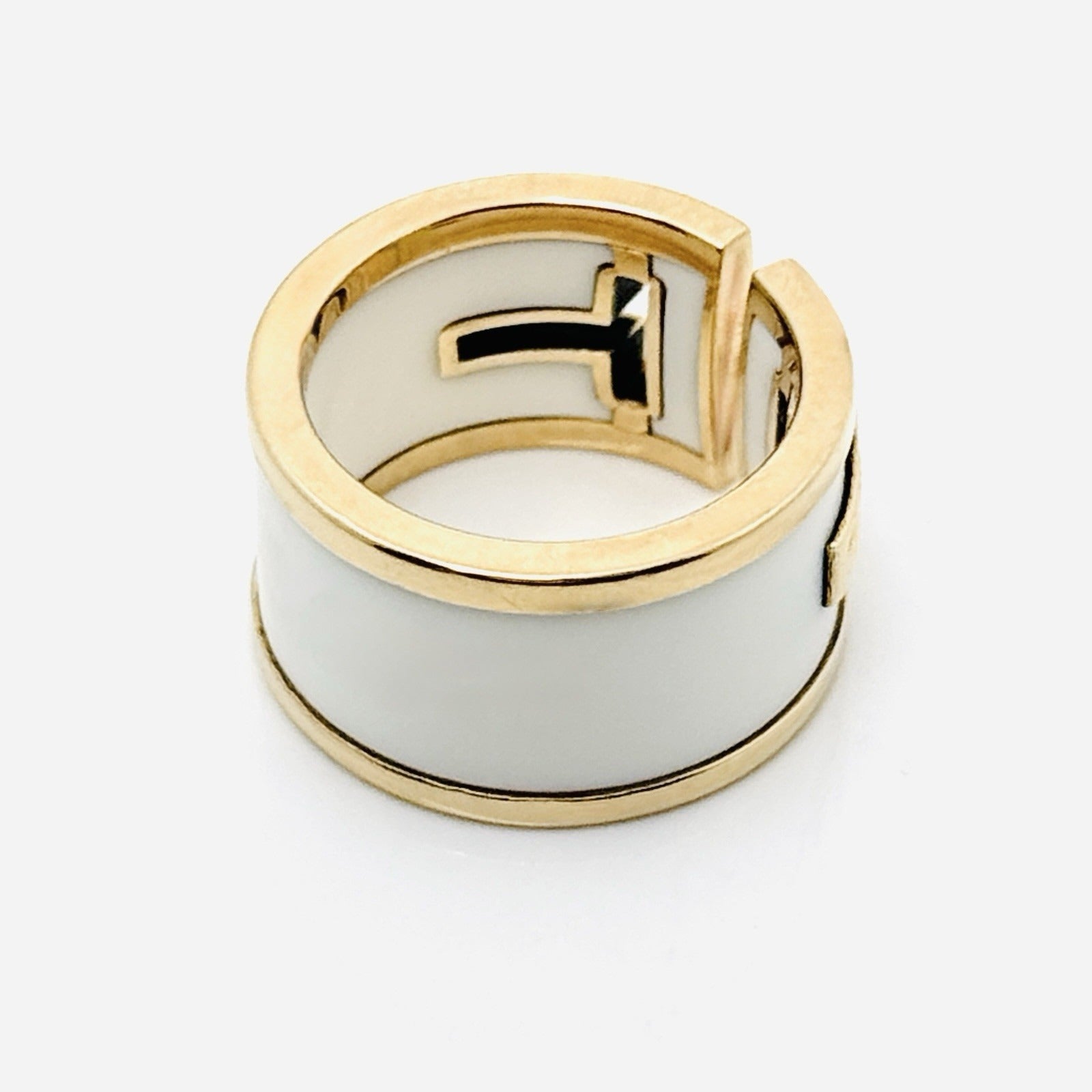 Size 4 Tiffany & Co T Square Cutout Ring in White Ceramic and Yellow Gold