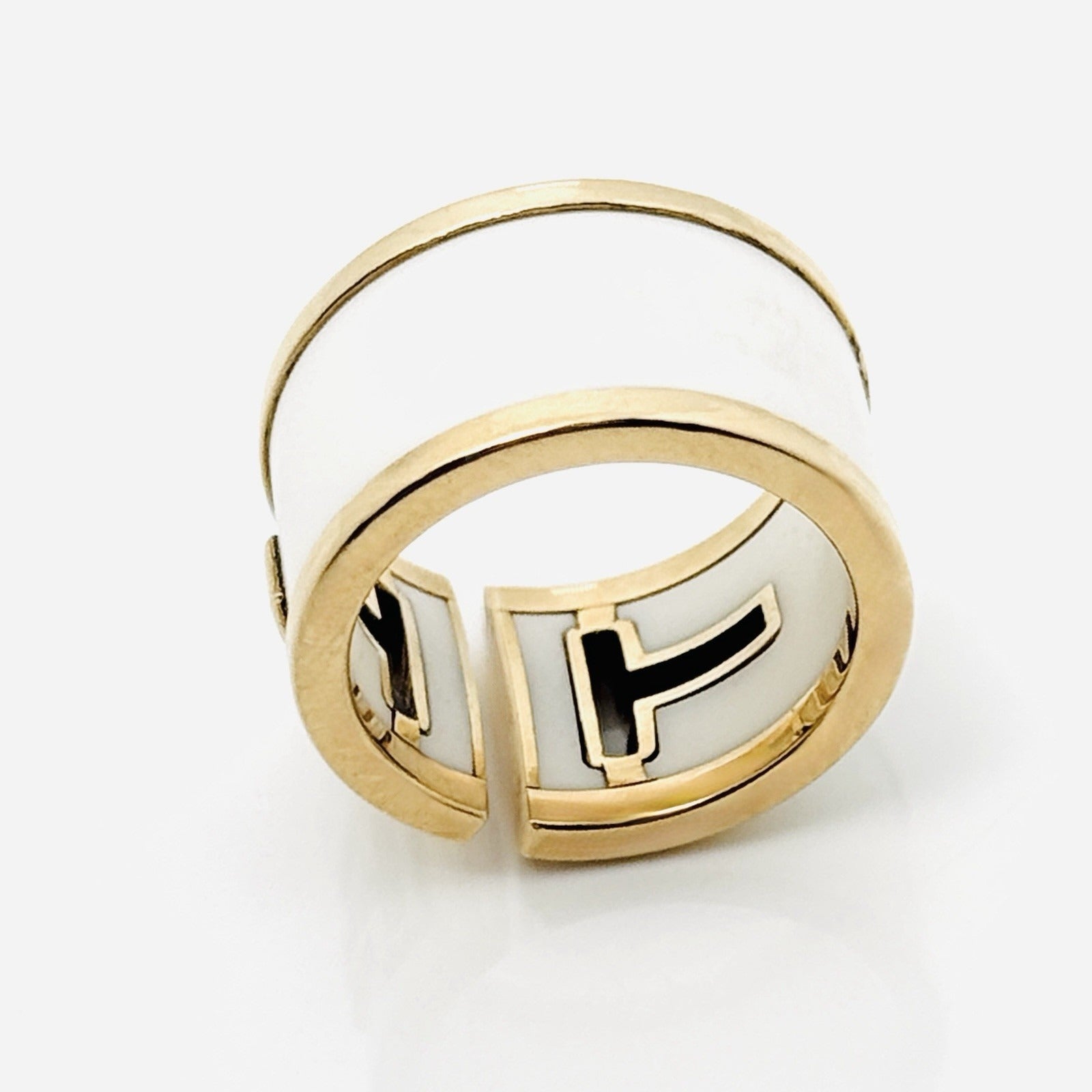 Size 4 Tiffany & Co T Square Cutout Ring in White Ceramic and Yellow Gold