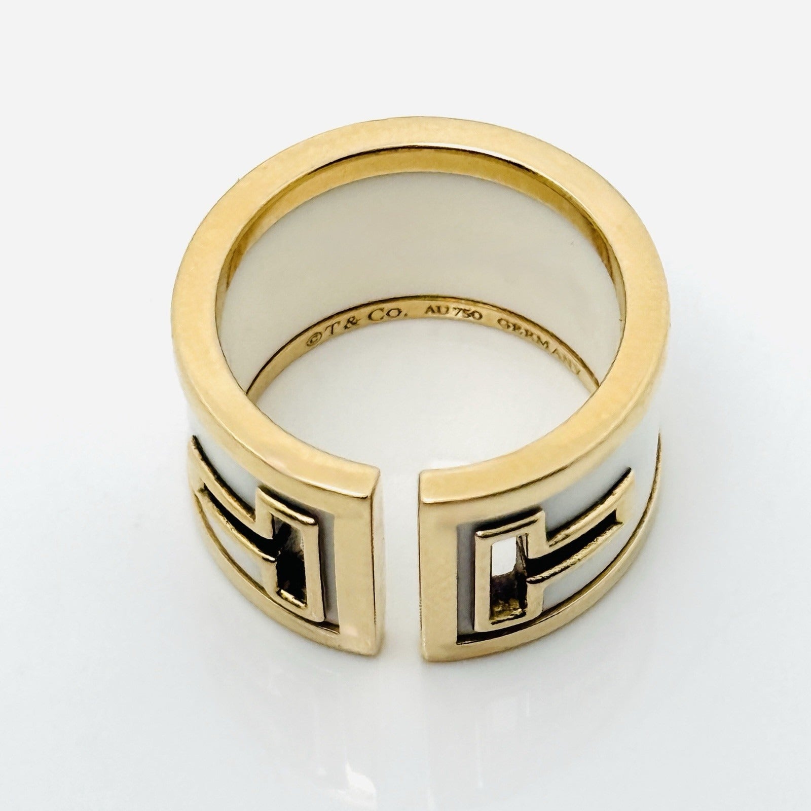 Size 4 Tiffany & Co T Square Cutout Ring in White Ceramic and Yellow Gold