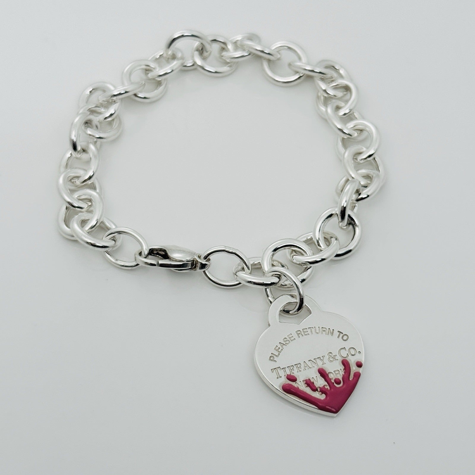 Large Please Return to Tiffany Pink Color Splash Enamel Heart Tag Bracelet - 0