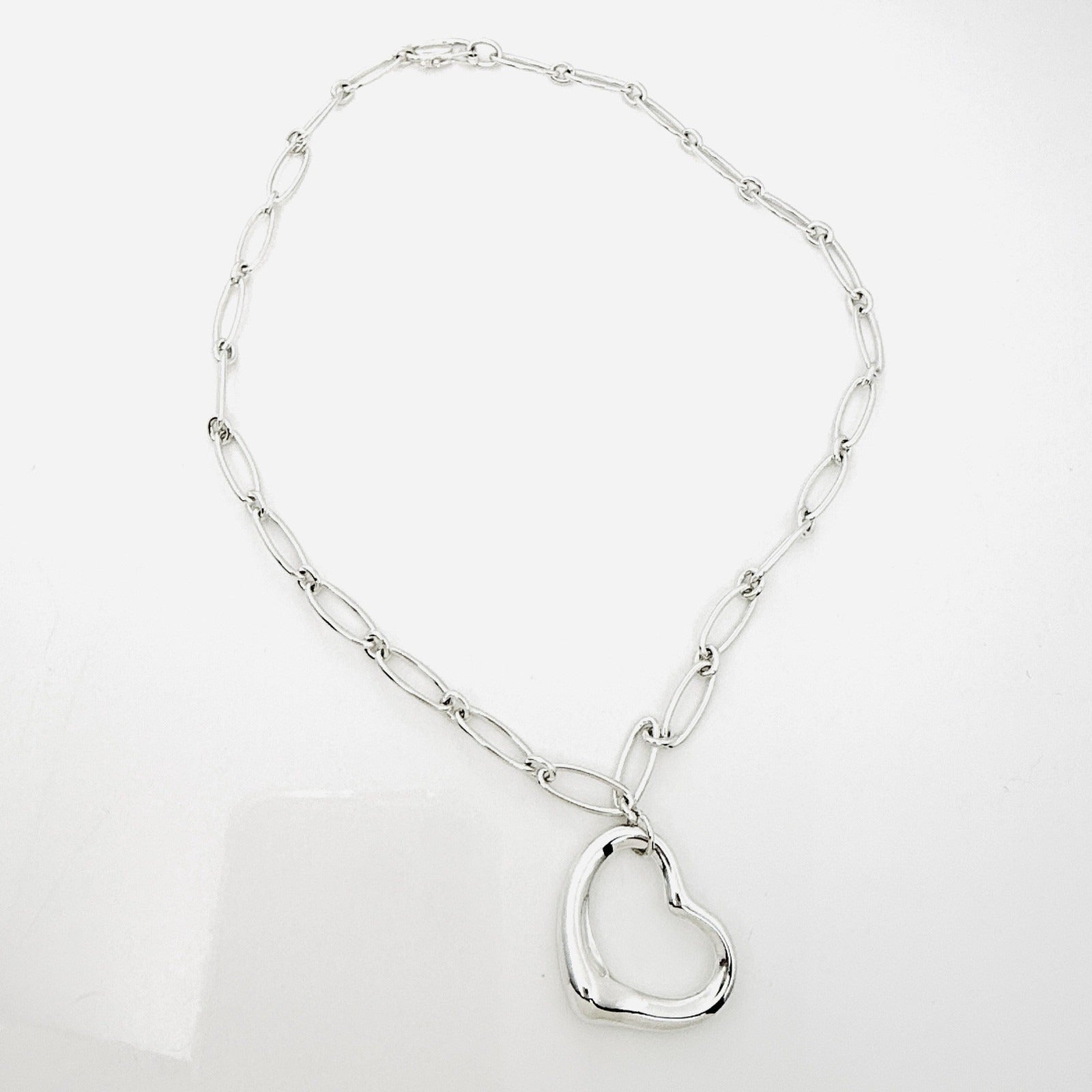 16" Tiffany Elsa Peretti Open Heart Pendant Necklace Oval Link - Sterling Silver