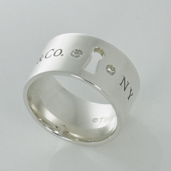 Size 4.5 Tiffany NY New York Keyhole Diamond Wide Band Ring in Sterling Silver