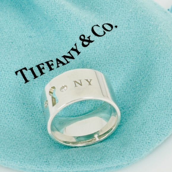 Size 4.5 Tiffany NY New York Keyhole Diamond Wide Band Ring in Sterling Silver