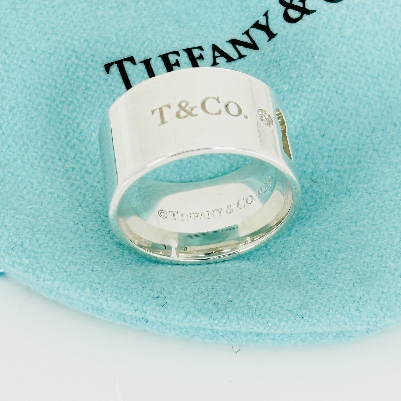 Size 4.5 Tiffany NY New York Keyhole Diamond Wide Band Ring in Sterling Silver