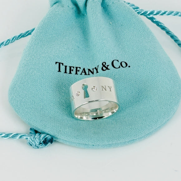 Size 4.5 Tiffany NY New York Keyhole Diamond Wide Band Ring in Sterling Silver