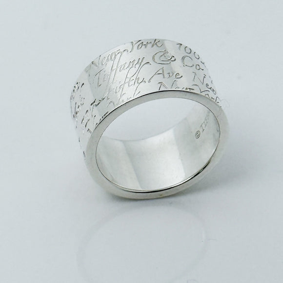 Size 4 Tiffany 727 Fifth Ave New York Notes Ring Wide Band in Sterling Silver