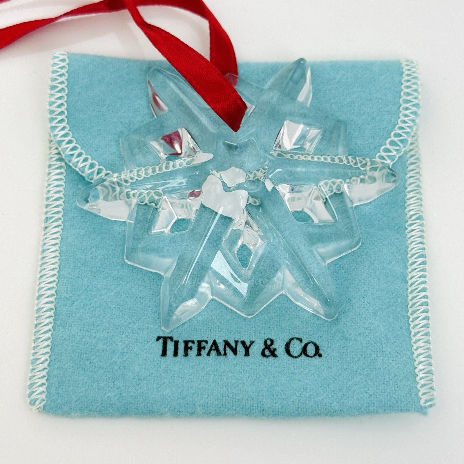 Tiffany Crystal Snowflake Christmas Tree Holiday Ornament with Red Ribbon