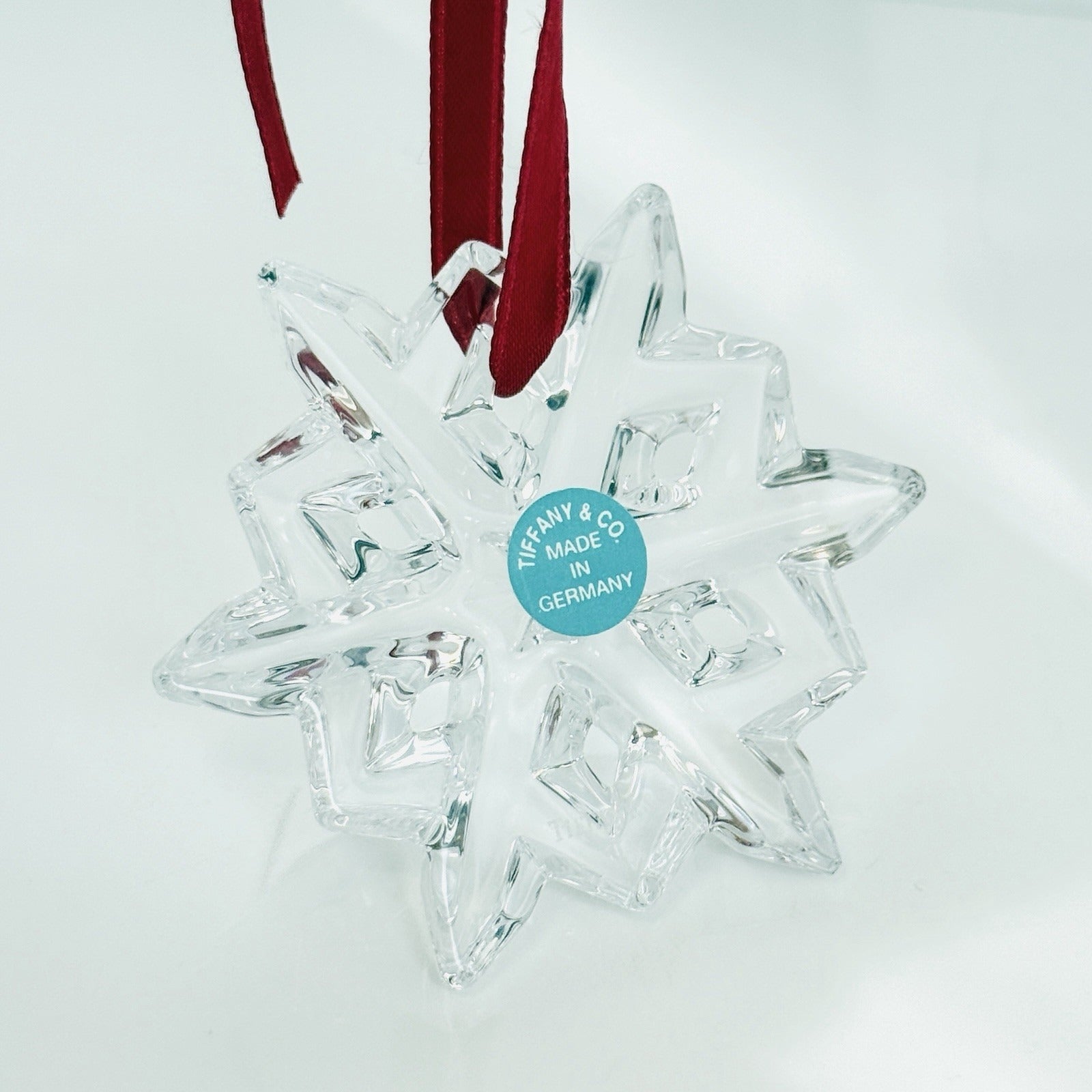 Tiffany Crystal Snowflake Christmas Tree Holiday Ornament with Red Ribbon