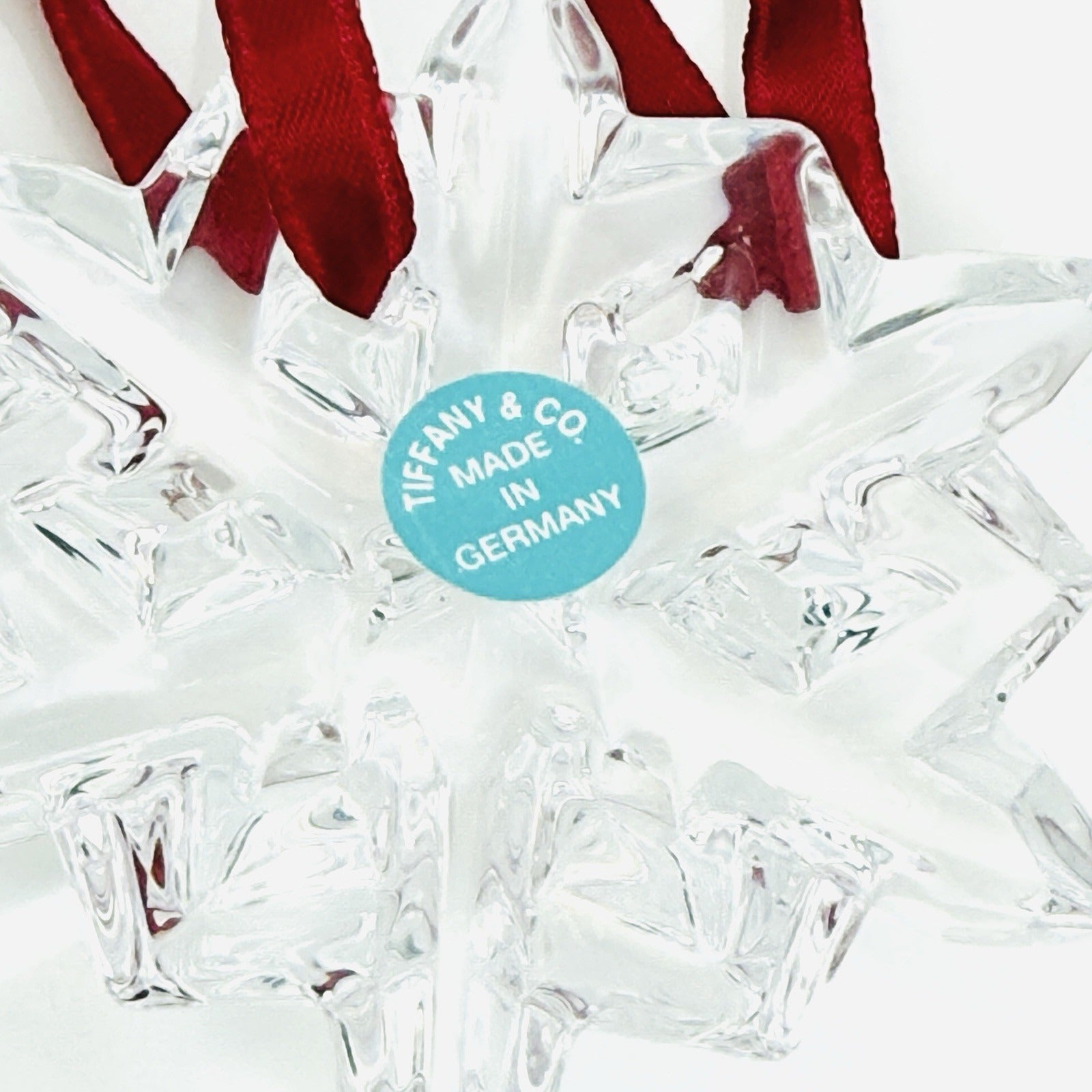 Tiffany Crystal Snowflake Christmas Tree Holiday Ornament with Red Ribbon