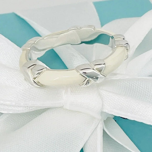 Size 6 Tiffany Signature X Ring in White Enamel and Sterling Silver Stacking