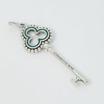 Tiffany & Co Blue Enamel  Clover Quatrefoil Beaded Skeleton Key Pendant Silver - 0