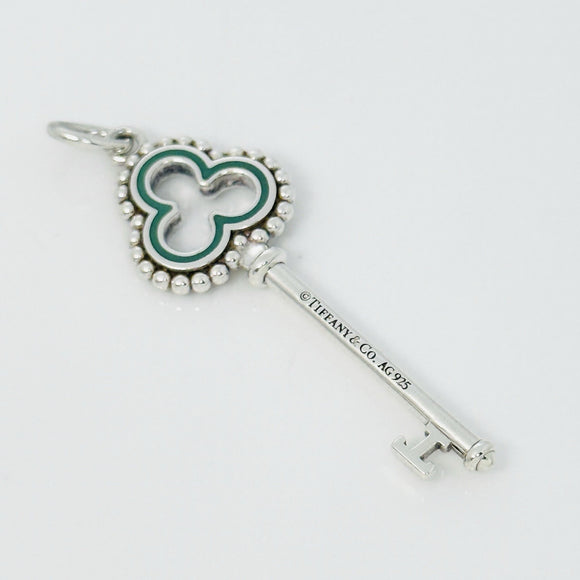 Tiffany & Co Blue Enamel  Clover Quatrefoil Beaded Skeleton Key Pendant Silver