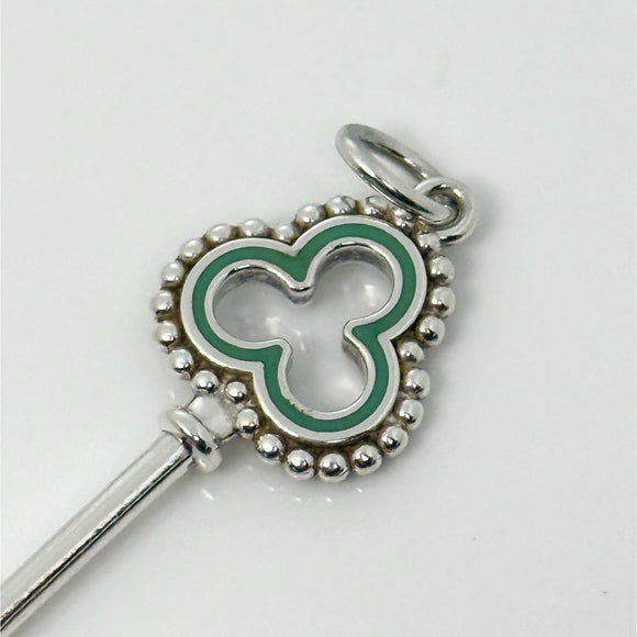 Tiffany & Co Blue Enamel  Clover Quatrefoil Beaded Skeleton Key Pendant Silver