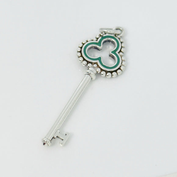 Tiffany & Co Blue Enamel  Clover Quatrefoil Beaded Skeleton Key Pendant Silver
