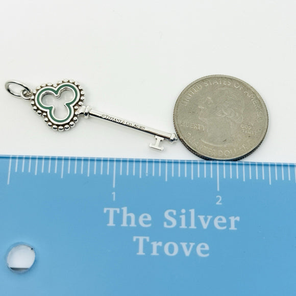 Tiffany & Co Blue Enamel  Clover Quatrefoil Beaded Skeleton Key Pendant Silver