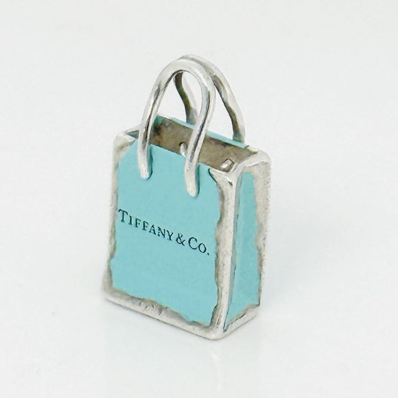 Tiffany & Co Blue Enamel Shopping Gift Bag Charm Pendant in Sterling Silver