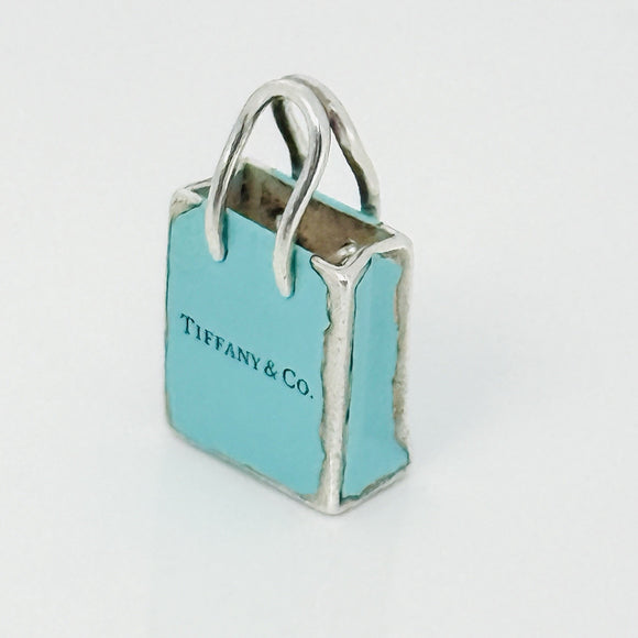 Tiffany & Co Blue Enamel Shopping Gift Bag Charm Pendant in Sterling Silver