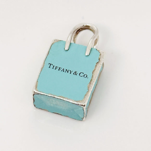 Tiffany & Co Blue Enamel Shopping Gift Bag Charm Pendant in Sterling Silver