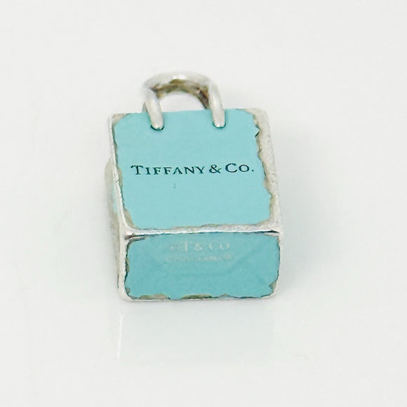 Tiffany & Co Blue Enamel Shopping Gift Bag Charm Pendant in Sterling Silver