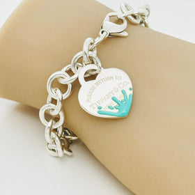 Medium 7.5" Return to Tiffany Blue Enamel Color Splash Heart Tag Charm Bracelet
