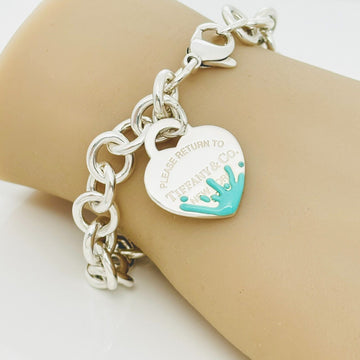 Medium 7.5" Return to Tiffany Blue Enamel Color Splash Heart Tag Charm Bracelet