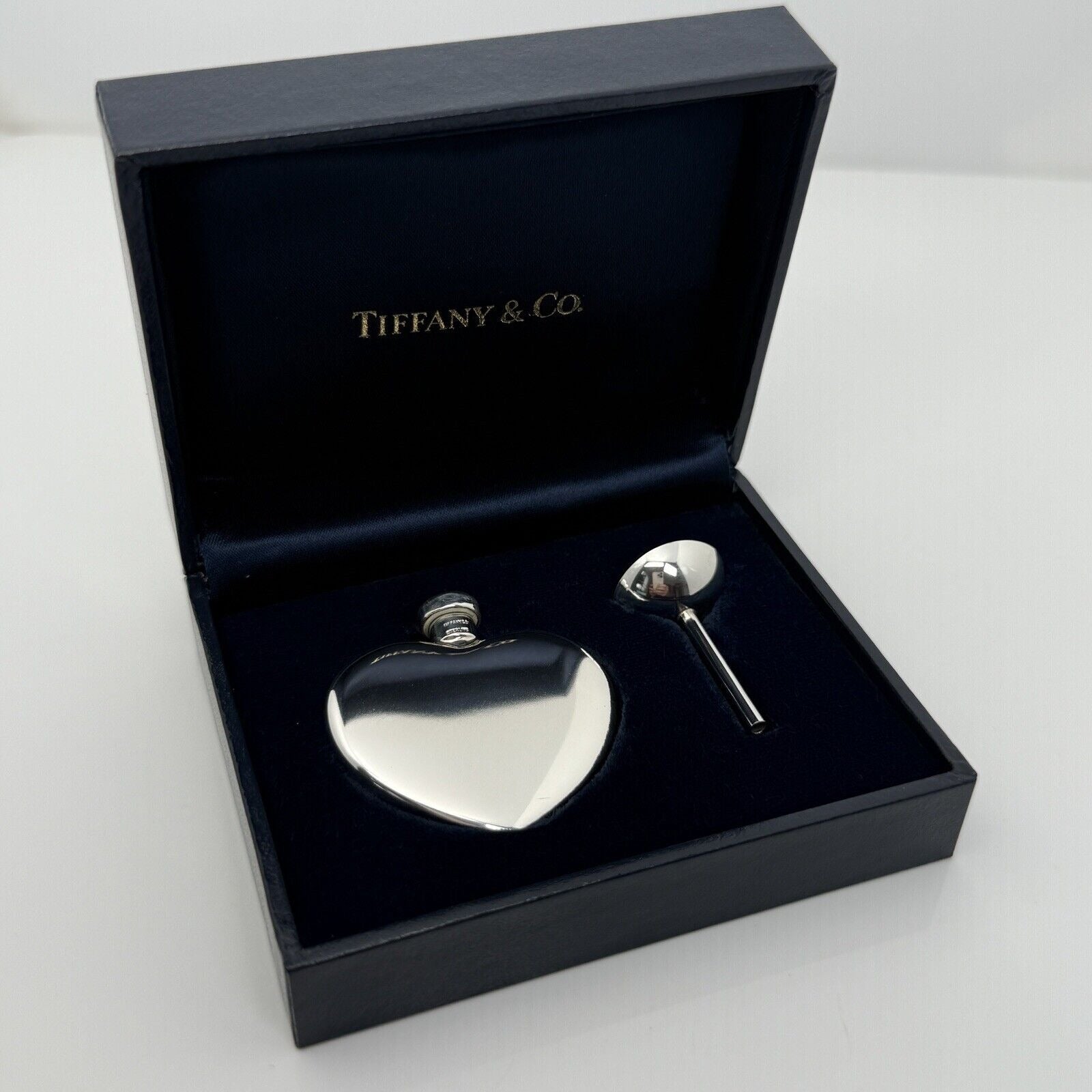 Vintage Tiffany Heart Perfume Flacon Bottle Funnel in Silver with Storage Box