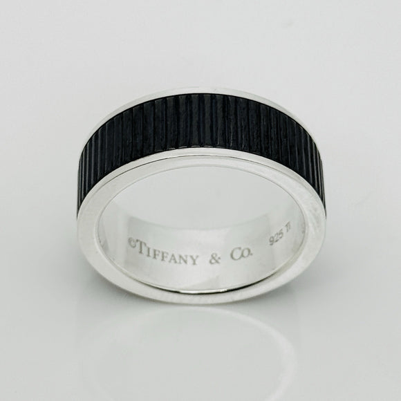 Size 13 Tiffany & Co mens Unisex Midnight Black Coin Edge Titanium and Silver Ring