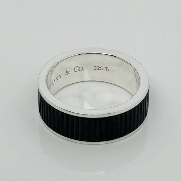 Size 13 Tiffany & Co mens Unisex Midnight Black Coin Edge Titanium and Silver Ring