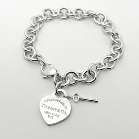 Large 8.25" Please Return to Tiffany Heart Tag Charm Bracelet with Key