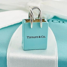 Tiffany & Co Blue Enamel Shopping Gift Bag Charm Pendant in Sterling Silver
