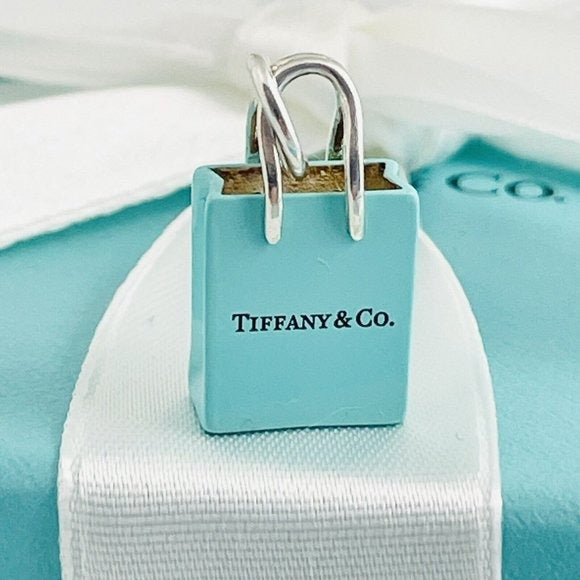 Tiffany & Co Blue Enamel Shopping Gift Bag Charm Pendant in Sterling Silver