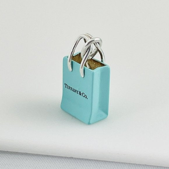 Tiffany & Co Blue Enamel Shopping Gift Bag Charm Pendant in Sterling Silver