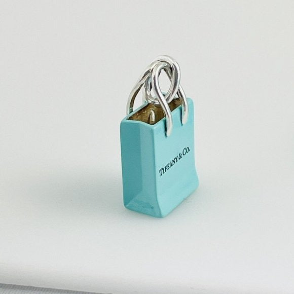 Tiffany & Co Blue Enamel Shopping Gift Bag Charm Pendant in Sterling Silver