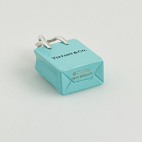 Tiffany & Co Blue Enamel Shopping Gift Bag Charm Pendant in Sterling Silver