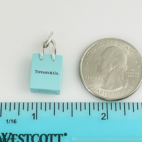 Tiffany & Co Blue Enamel Shopping Gift Bag Charm Pendant in Sterling Silver