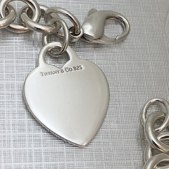 7.5" Medium Tiffany & Co Sterling Silver Blank Heart Tag Charm Bracelet