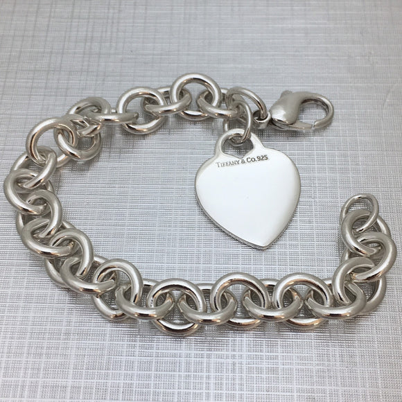 7.5" Medium Tiffany & Co Sterling Silver Blank Heart Tag Charm Bracelet