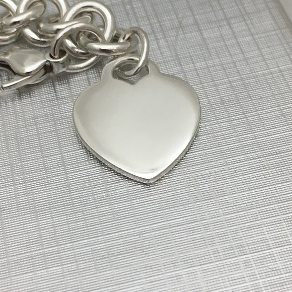 7.5" Medium Tiffany & Co Sterling Silver Blank Heart Tag Charm Bracelet