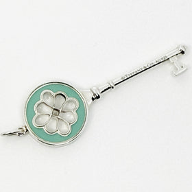 Tiffany & Co Blue Enamel Round Quatrefoil Daisy Flower Key Pendant in Silver - 0