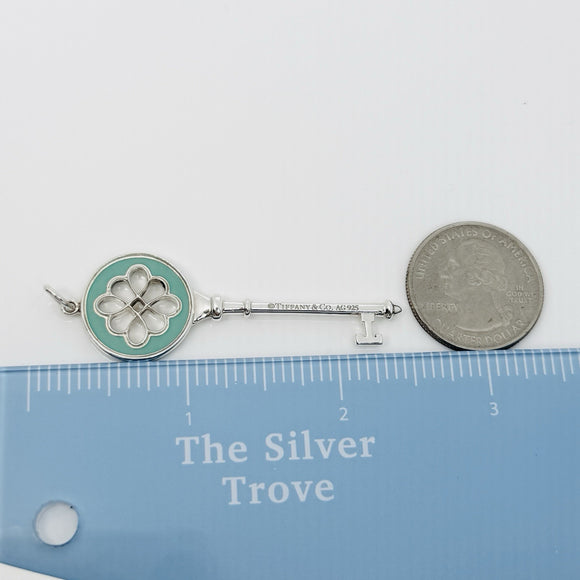 Tiffany & Co Blue Enamel Round Quatrefoil Daisy Flower Key Pendant in Silver