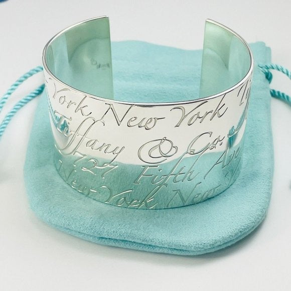 Large 7" Tiffany & Co 727 Fifth Ave New York Notes Cuff in Sterling Silver