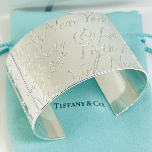 Large 7" Tiffany & Co 727 Fifth Ave New York Notes Cuff in Sterling Silver